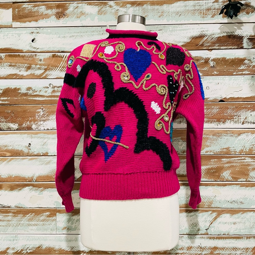Vtg 80s JACLYN SMITH Metallic Pink Kawaii Heart Bead Embellished Sweater Graphic